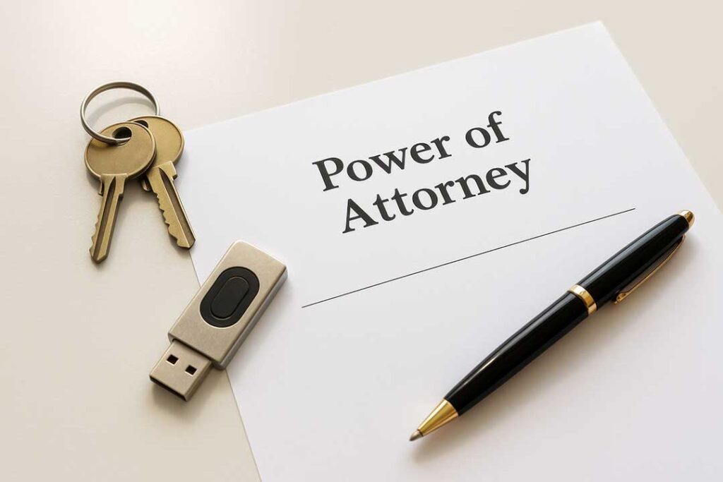 A couple reviews a will, account statements, and estate planning folders at a kitchen table.