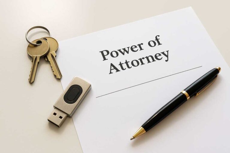 A couple reviews a will, account statements, and estate planning folders at a kitchen table.