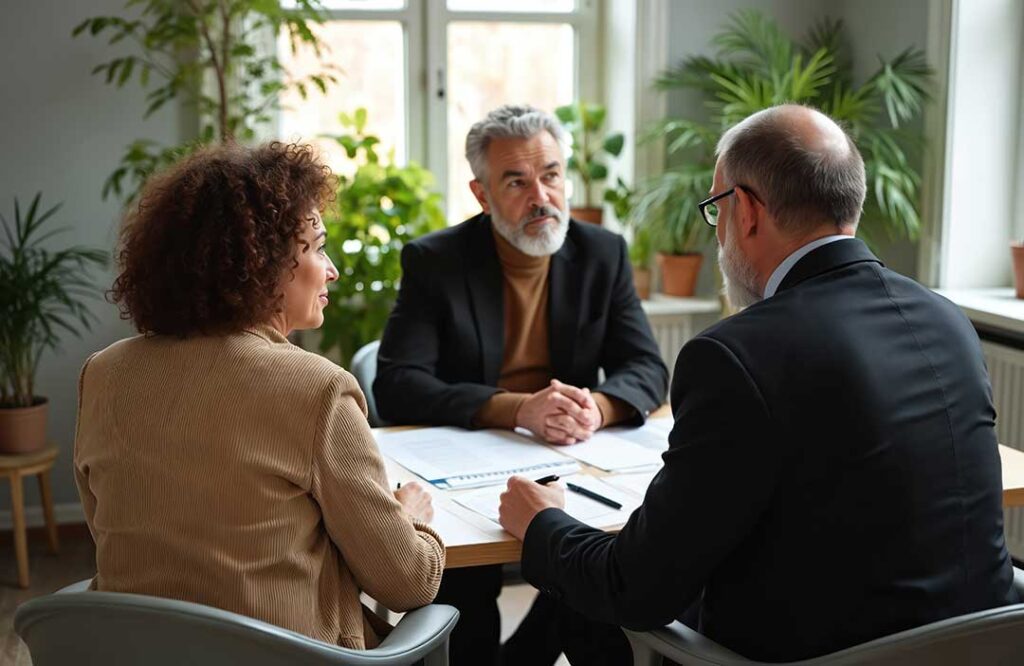 A couple reviews a signed will and related estate documents at a kitchen table with two witnesses nearby.